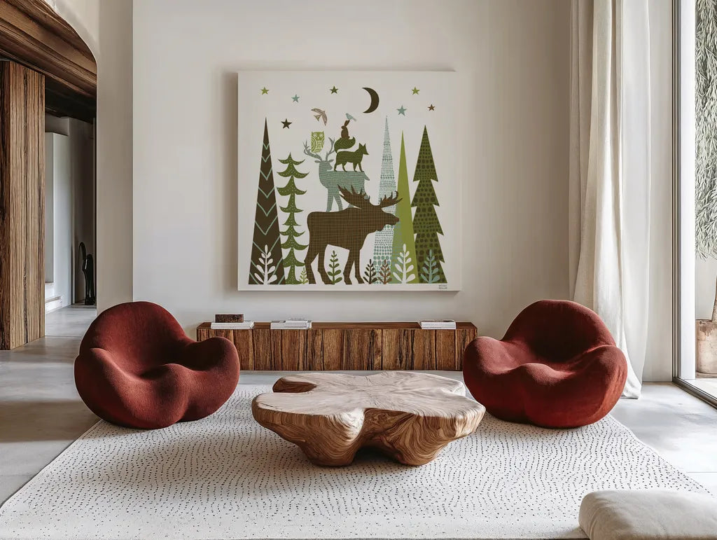 Forest Folklore Green Animals II Square by Michael Mullan. Shown as extra-large giant wall art in a modern living room. Available as an archival giclee rolled canvas, fine art paper, or poster print. SKU 51154a.