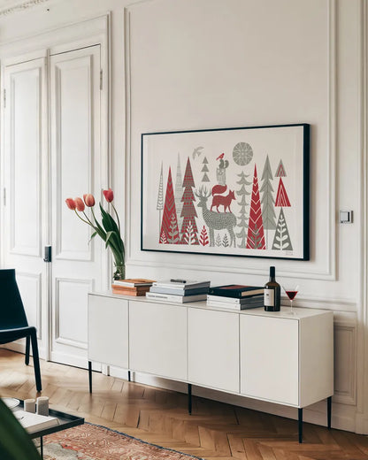 Forest Folklore Scandinavian by Michael Mullan. shown as a framed stretched canvas in a living room above a console. Available as a archival giclee rolled canvas, fine art paper, or poster print. SKU 51155i.