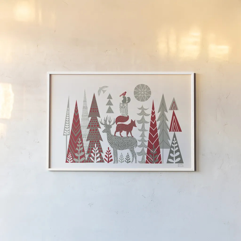 Forest Folklore Scandinavian by Michael Mullan. shown as a paper print in a white frame. Available as a archival giclee rolled canvas, fine art paper, or poster print. SKU 51155i.