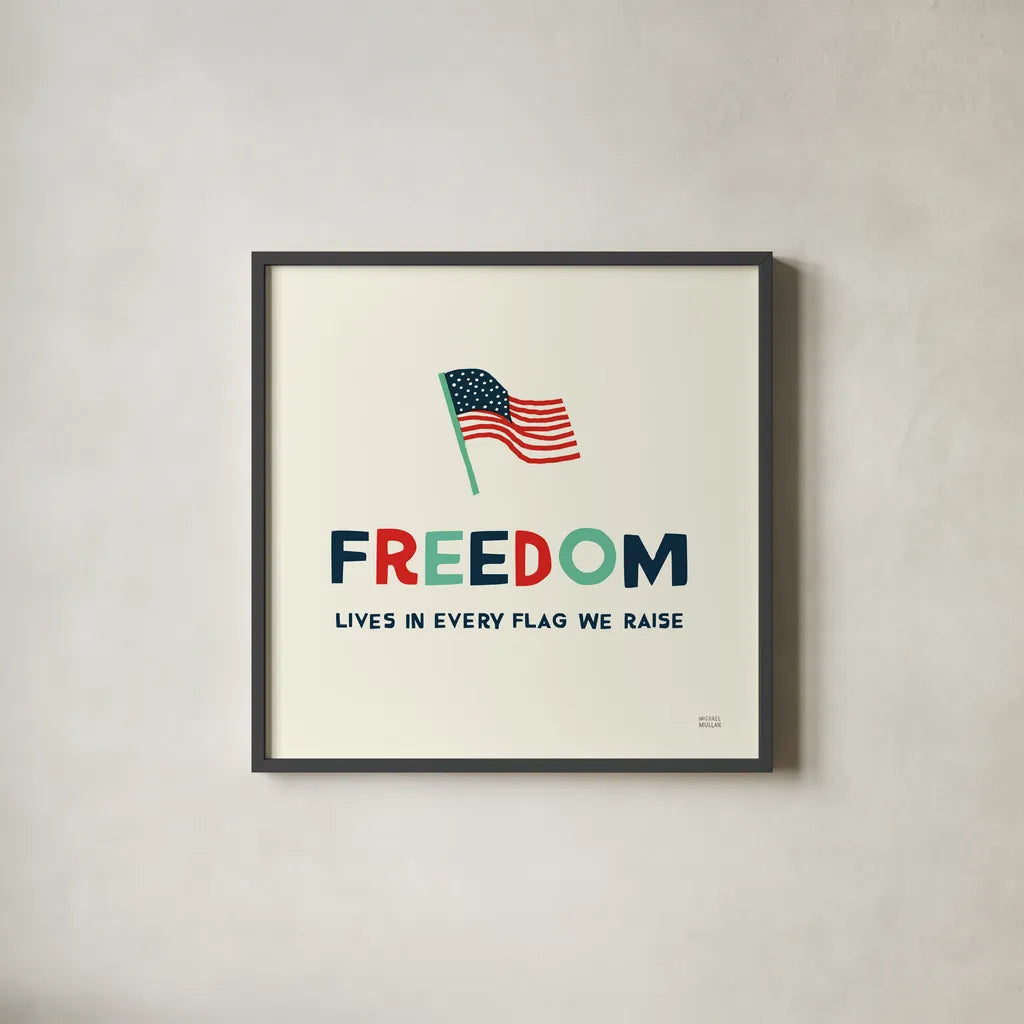 Freedom Flag by Michael Mullan. Shown in a sleek black glass frame for a contemporary gallery look. Available as an archival giclee rolled canvas, fine art paper, or poster print. SKU 99012a.