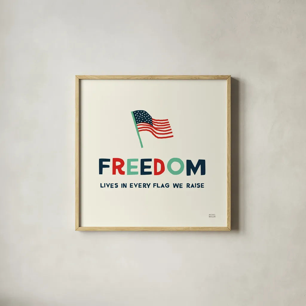 Freedom Flag by Michael Mullan. Shown in a natural wood glass frame for a timeless modern aesthetic. Available as an archival giclee rolled canvas, fine art paper, or poster print. SKU 99012a.