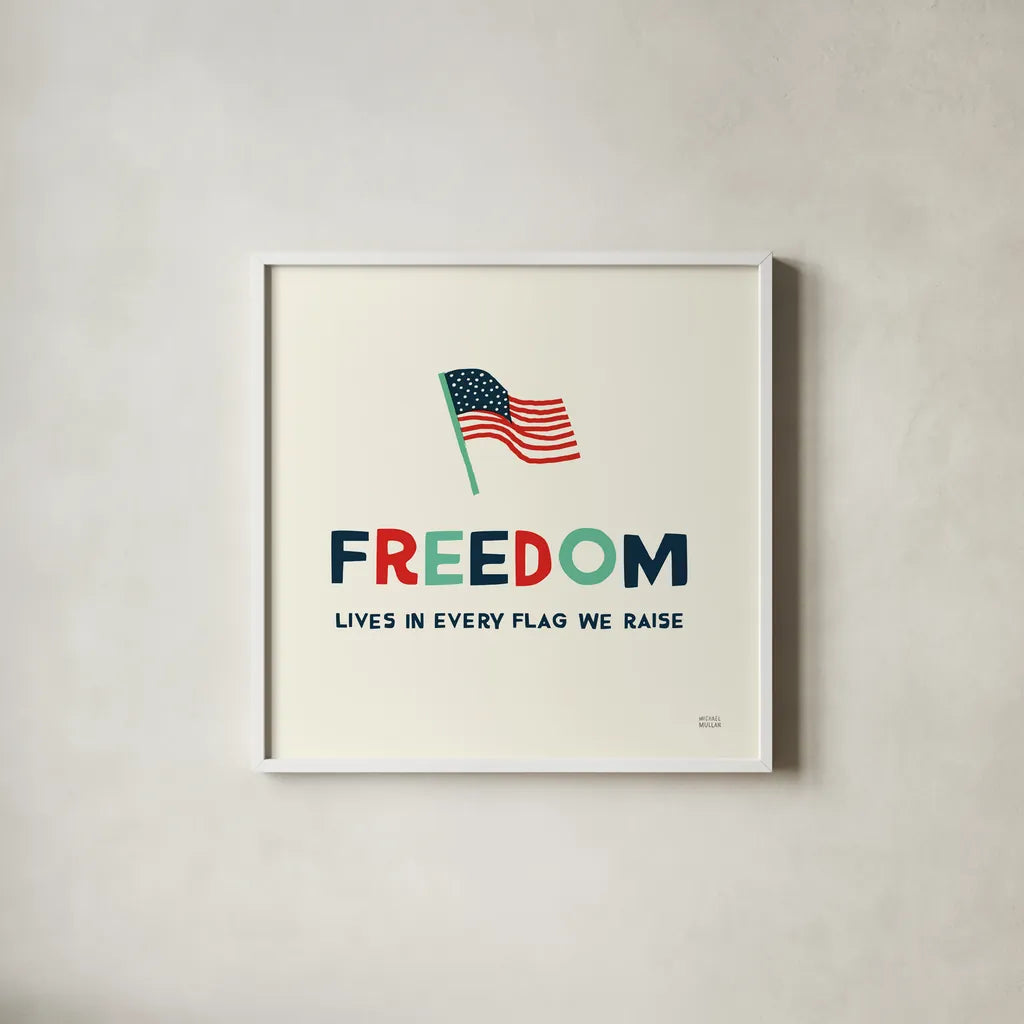 Freedom Flag by Michael Mullan. Shown in a crisp white glass frame for a clean and minimalist style. Available as an archival giclee rolled canvas, fine art paper, or poster print. SKU 99012a.