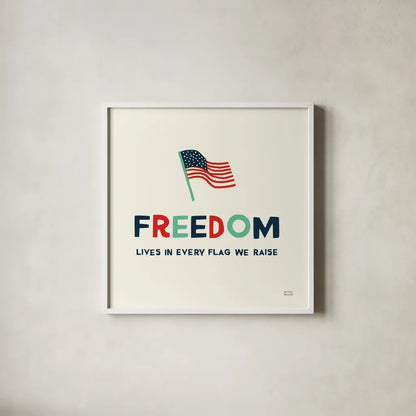 Freedom Flag by Michael Mullan. Shown in a crisp white glass frame for a clean and minimalist style. Available as an archival giclee rolled canvas, fine art paper, or poster print. SKU 99012a.