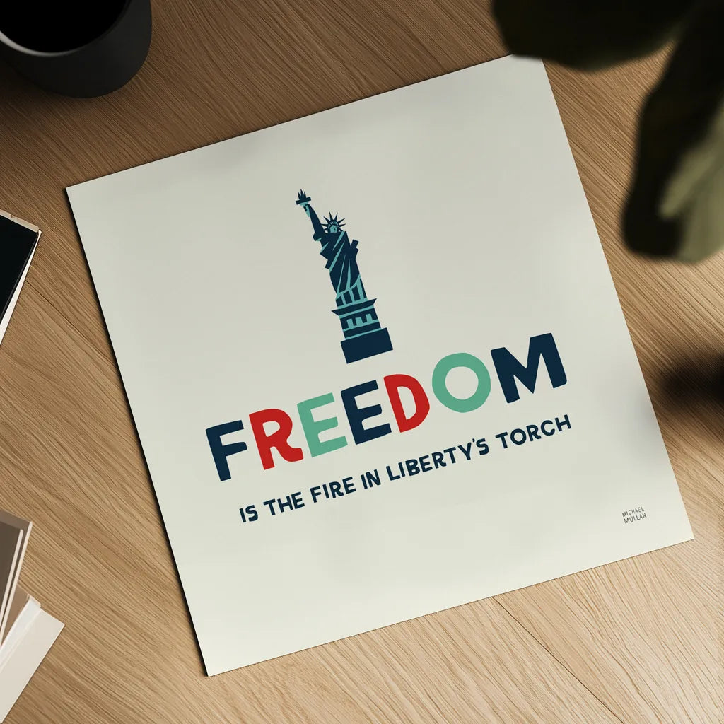 Freedom Liberty by Michael Mullan. Shown as a detailed flat fine art print, highlighting archival giclee quality. Available as an archival giclee rolled canvas, fine art paper, or poster print. SKU 99013a.