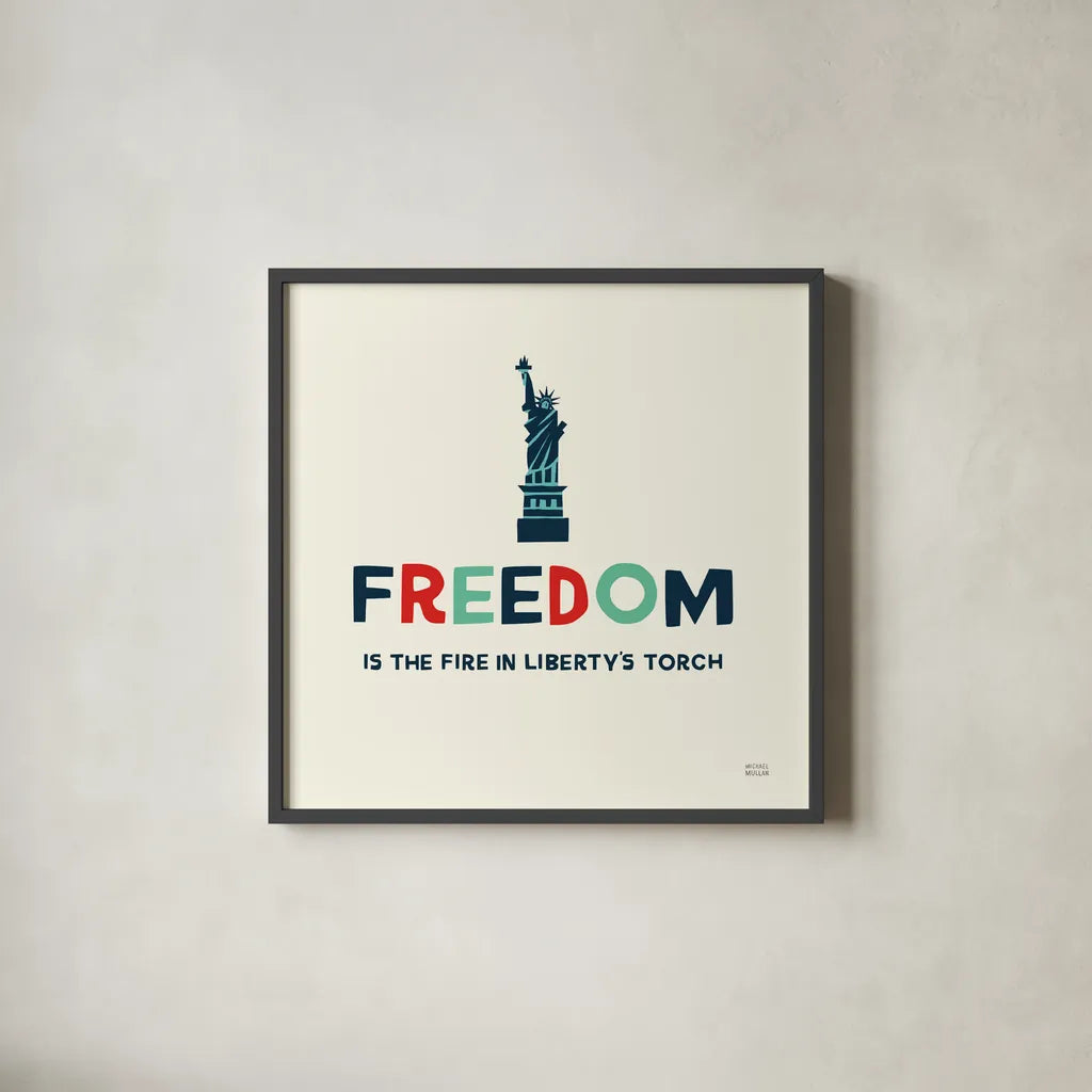 Freedom Liberty by Michael Mullan. Shown in a sleek black glass frame for a contemporary gallery look. Available as an archival giclee rolled canvas, fine art paper, or poster print. SKU 99013a.