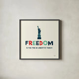 Freedom Liberty by Michael Mullan. Shown in a sleek black glass frame for a contemporary gallery look. Available as an archival giclee rolled canvas, fine art paper, or poster print. SKU 99013a.