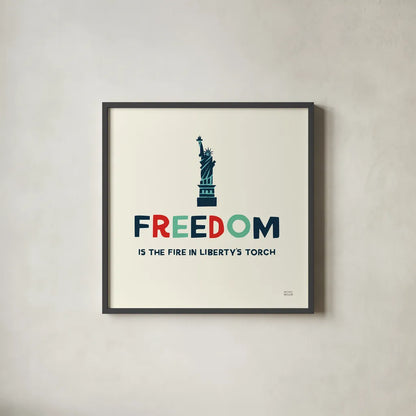 Freedom Liberty by Michael Mullan. Shown in a sleek black glass frame for a contemporary gallery look. Available as an archival giclee rolled canvas, fine art paper, or poster print. SKU 99013a.