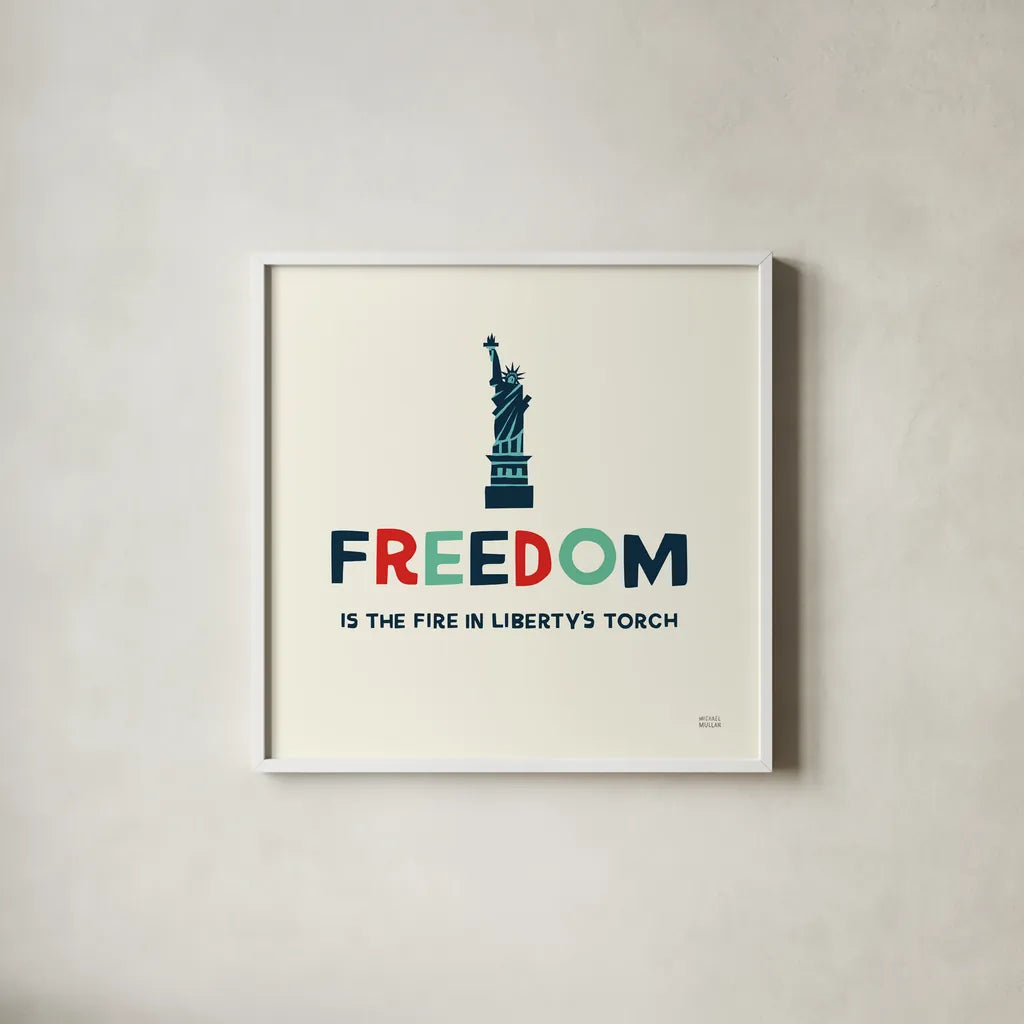 Freedom Liberty by Michael Mullan. Shown in a crisp white glass frame for a clean and minimalist style. Available as an archival giclee rolled canvas, fine art paper, or poster print. SKU 99013a.