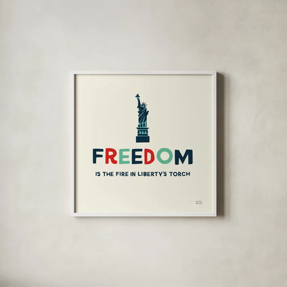 Freedom Liberty by Michael Mullan. Shown in a crisp white glass frame for a clean and minimalist style. Available as an archival giclee rolled canvas, fine art paper, or poster print. SKU 99013a.