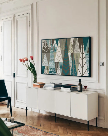 Geometric Forest by Michael Mullan. shown as a framed stretched canvas in a living room above a console. Available as a archival giclee rolled canvas, fine art paper, or poster print. SKU 23407i.