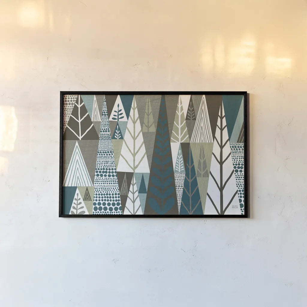 Geometric Forest by Michael Mullan. shown as a paper print in a black flame. Available as a archival giclee rolled canvas, fine art paper, or poster print. SKU 23407i.
