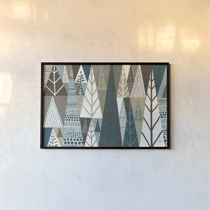 Geometric Forest by Michael Mullan. shown as a paper print in a black flame. Available as a archival giclee rolled canvas, fine art paper, or poster print. SKU 23407i.