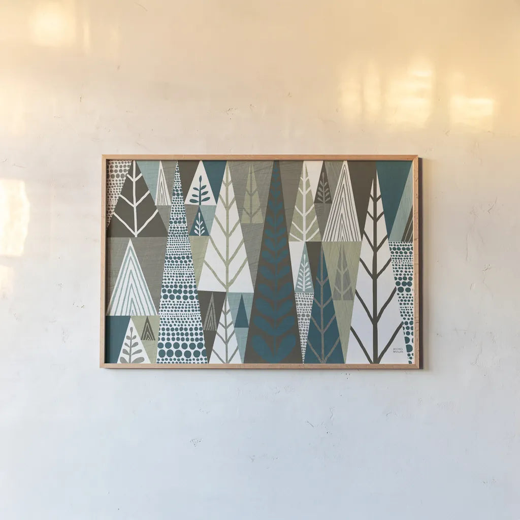 Geometric Forest by Michael Mullan. shown as a paper print in a natural frame. Available as a archival giclee rolled canvas, fine art paper, or poster print. SKU 23407i.