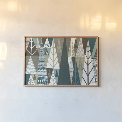 Geometric Forest by Michael Mullan. shown as a paper print in a natural frame. Available as a archival giclee rolled canvas, fine art paper, or poster print. SKU 23407i.
