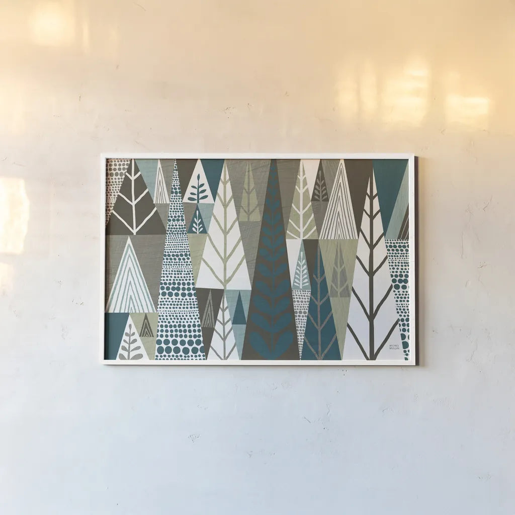 Geometric Forest by Michael Mullan. shown as a paper print in a white frame. Available as a archival giclee rolled canvas, fine art paper, or poster print. SKU 23407i.