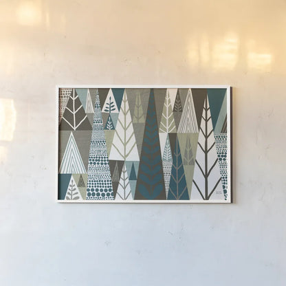 Geometric Forest by Michael Mullan. shown as a paper print in a white frame. Available as a archival giclee rolled canvas, fine art paper, or poster print. SKU 23407i.