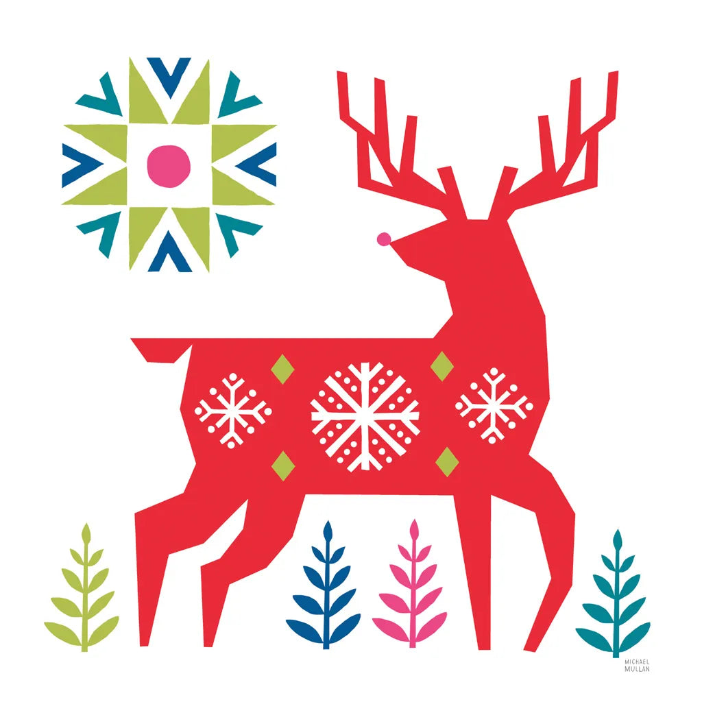 Geometric Holiday Reindeer I Bright by Michael Mullan. SKU 56254a. Archival Giclee Fine art print for wall decor.
