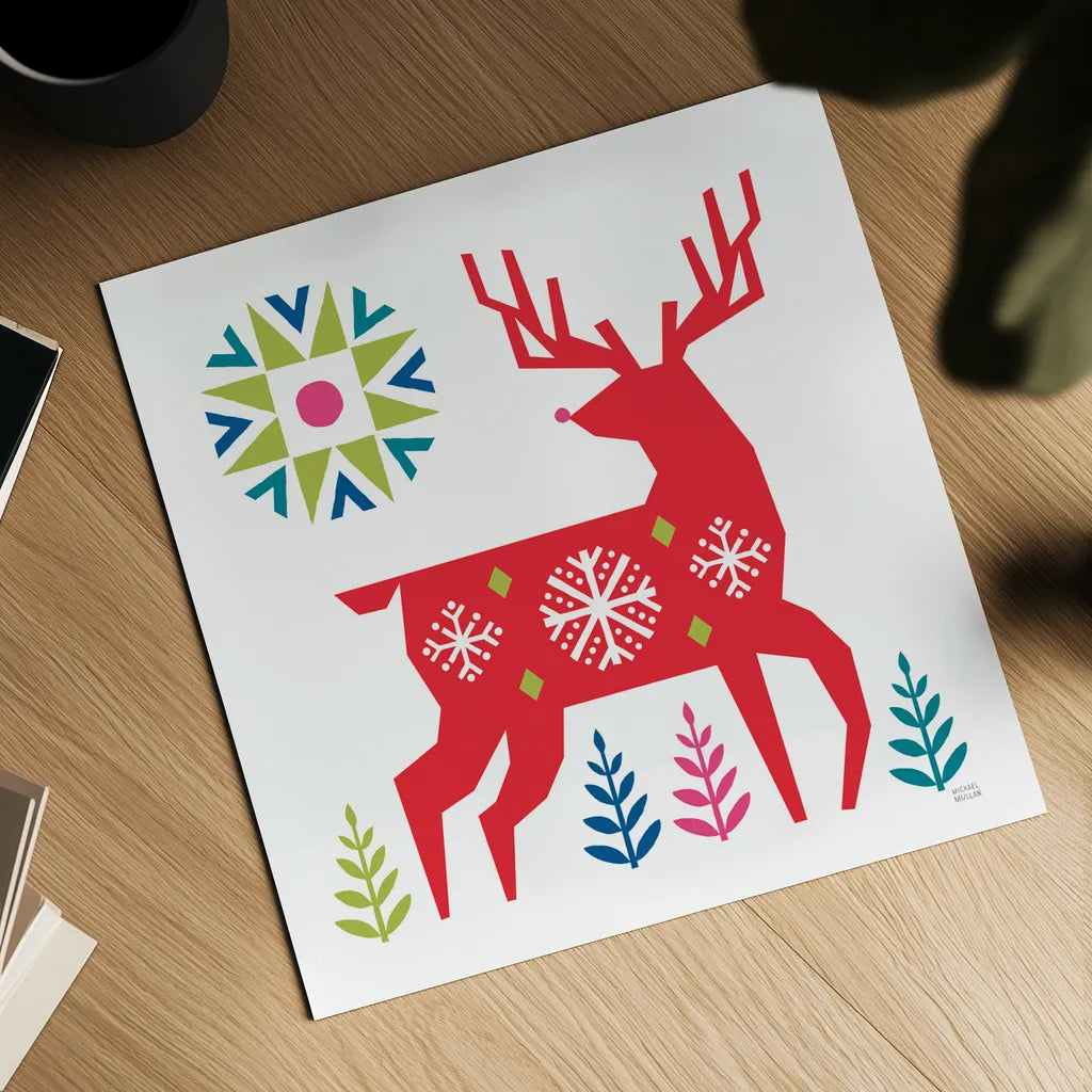 Geometric Holiday Reindeer I Bright by Michael Mullan. Shown as a detailed flat fine art print, highlighting archival giclee quality. Available as an archival giclee rolled canvas, fine art paper, or poster print. SKU 56254a.
