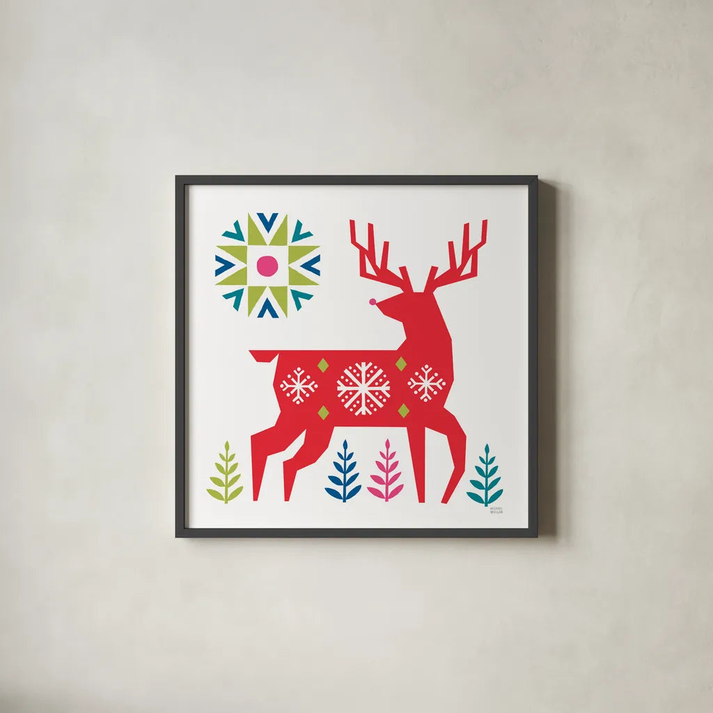 Geometric Holiday Reindeer I Bright by Michael Mullan. Shown in a sleek black glass frame for a contemporary gallery look. Available as an archival giclee rolled canvas, fine art paper, or poster print. SKU 56254a.