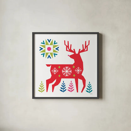 Geometric Holiday Reindeer I Bright by Michael Mullan. Shown in a sleek black glass frame for a contemporary gallery look. Available as an archival giclee rolled canvas, fine art paper, or poster print. SKU 56254a.