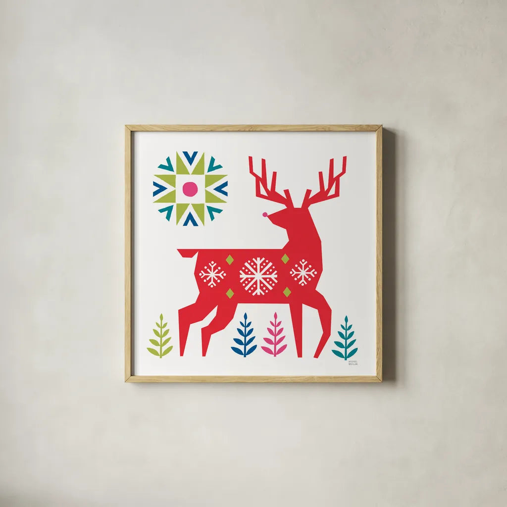 Geometric Holiday Reindeer I Bright by Michael Mullan. Shown in a natural wood glass frame for a timeless modern aesthetic. Available as an archival giclee rolled canvas, fine art paper, or poster print. SKU 56254a.