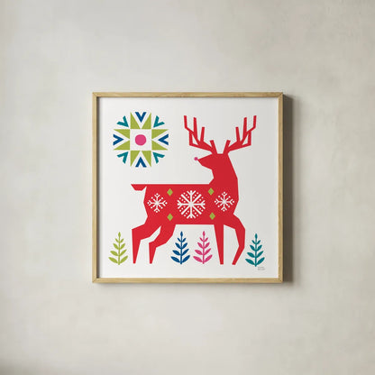 Geometric Holiday Reindeer I Bright by Michael Mullan. Shown in a natural wood glass frame for a timeless modern aesthetic. Available as an archival giclee rolled canvas, fine art paper, or poster print. SKU 56254a.