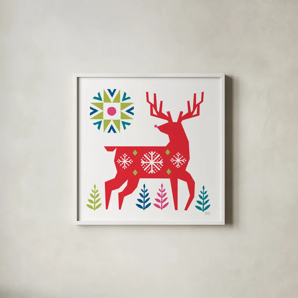 Geometric Holiday Reindeer I Bright by Michael Mullan. Shown in a crisp white glass frame for a clean and minimalist style. Available as an archival giclee rolled canvas, fine art paper, or poster print. SKU 56254a.