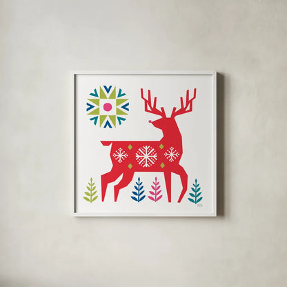 Geometric Holiday Reindeer I Bright by Michael Mullan. Shown in a crisp white glass frame for a clean and minimalist style. Available as an archival giclee rolled canvas, fine art paper, or poster print. SKU 56254a.