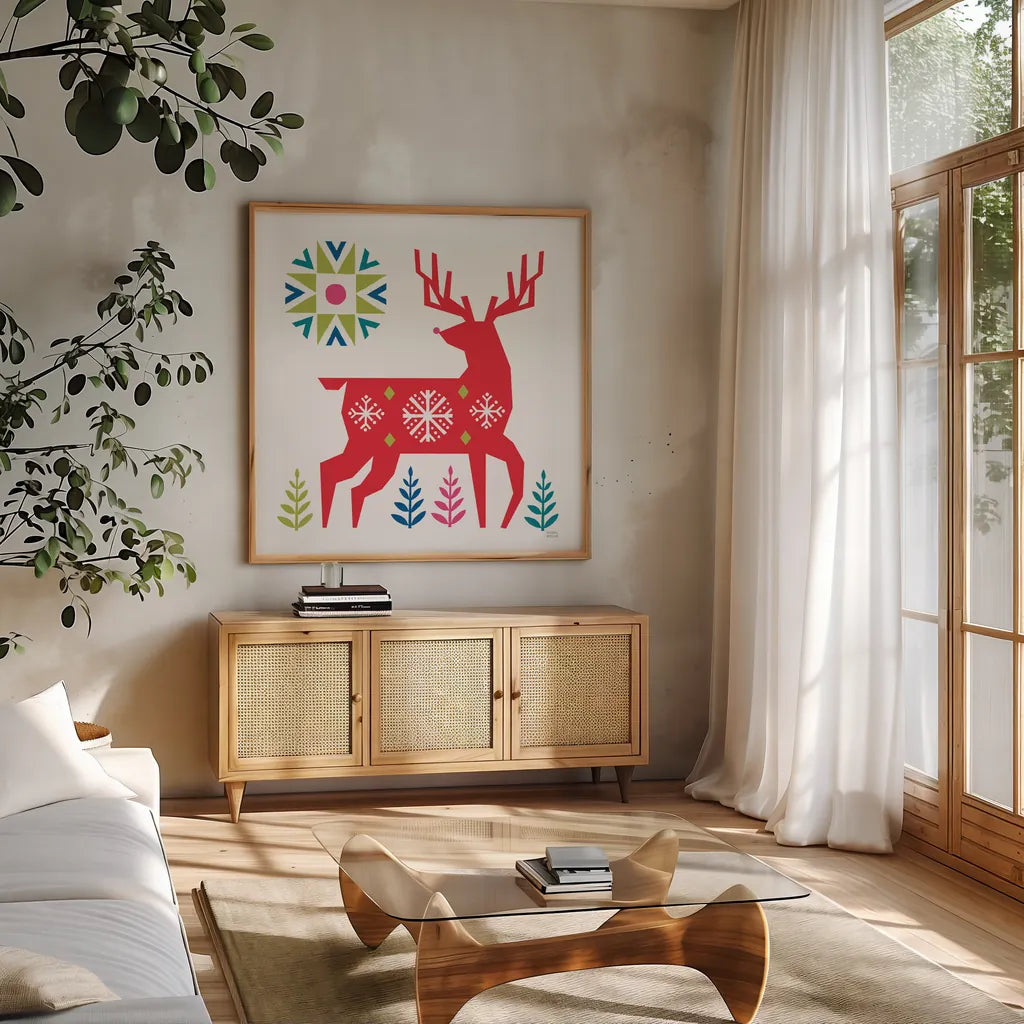 Geometric Holiday Reindeer I Bright by Michael Mullan. Shown in a natural wood frame in a cozy modern living room. Available as an archival giclee rolled canvas, fine art paper, or poster print. SKU 56254a.