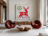 Geometric Holiday Reindeer I Bright by Michael Mullan. Shown as extra-large giant wall art in a modern living room. Available as an archival giclee rolled canvas, fine art paper, or poster print. SKU 56254a.