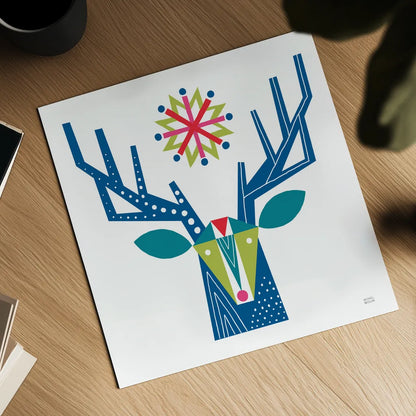 Geometric Holiday Reindeer II Bright by Michael Mullan. Shown as a detailed flat fine art print, highlighting archival giclee quality. Available as an archival giclee rolled canvas, fine art paper, or poster print. SKU 56255a.