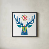 Geometric Holiday Reindeer II Bright by Michael Mullan. Shown in a sleek black glass frame for a contemporary gallery look. Available as an archival giclee rolled canvas, fine art paper, or poster print. SKU 56255a.