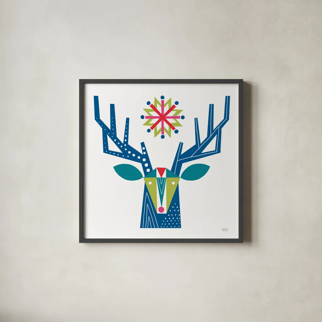 Geometric Holiday Reindeer II Bright by Michael Mullan. Shown in a sleek black glass frame for a contemporary gallery look. Available as an archival giclee rolled canvas, fine art paper, or poster print. SKU 56255a.