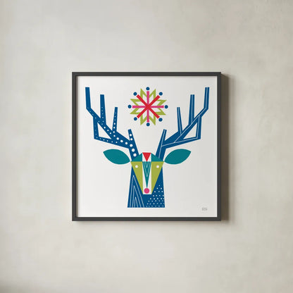 Geometric Holiday Reindeer II Bright by Michael Mullan. Shown in a sleek black glass frame for a contemporary gallery look. Available as an archival giclee rolled canvas, fine art paper, or poster print. SKU 56255a.
