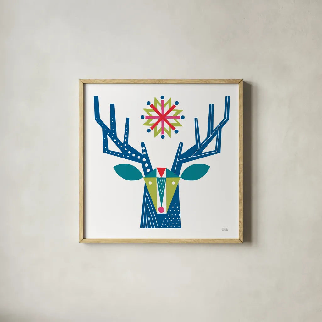 Geometric Holiday Reindeer II Bright by Michael Mullan. Shown in a natural wood glass frame for a timeless modern aesthetic. Available as an archival giclee rolled canvas, fine art paper, or poster print. SKU 56255a.