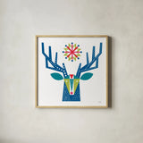 Geometric Holiday Reindeer II Bright by Michael Mullan. Shown in a natural wood glass frame for a timeless modern aesthetic. Available as an archival giclee rolled canvas, fine art paper, or poster print. SKU 56255a.