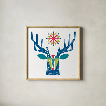 Geometric Holiday Reindeer II Bright by Michael Mullan. Shown in a natural wood glass frame for a timeless modern aesthetic. Available as an archival giclee rolled canvas, fine art paper, or poster print. SKU 56255a.