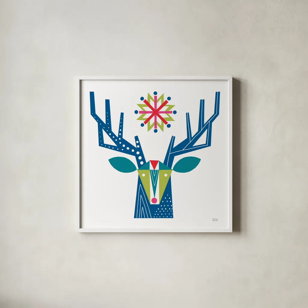 Geometric Holiday Reindeer II Bright by Michael Mullan. Shown in a crisp white glass frame for a clean and minimalist style. Available as an archival giclee rolled canvas, fine art paper, or poster print. SKU 56255a.