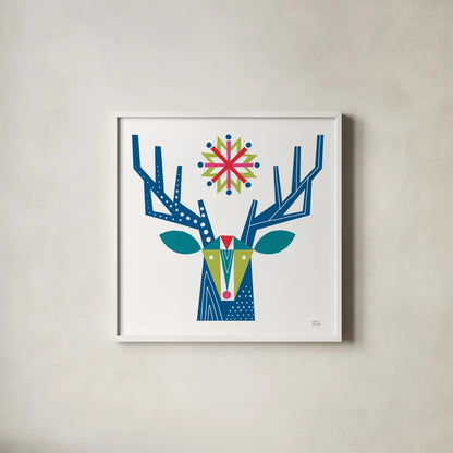 Geometric Holiday Reindeer II Bright by Michael Mullan. Shown in a crisp white glass frame for a clean and minimalist style. Available as an archival giclee rolled canvas, fine art paper, or poster print. SKU 56255a.