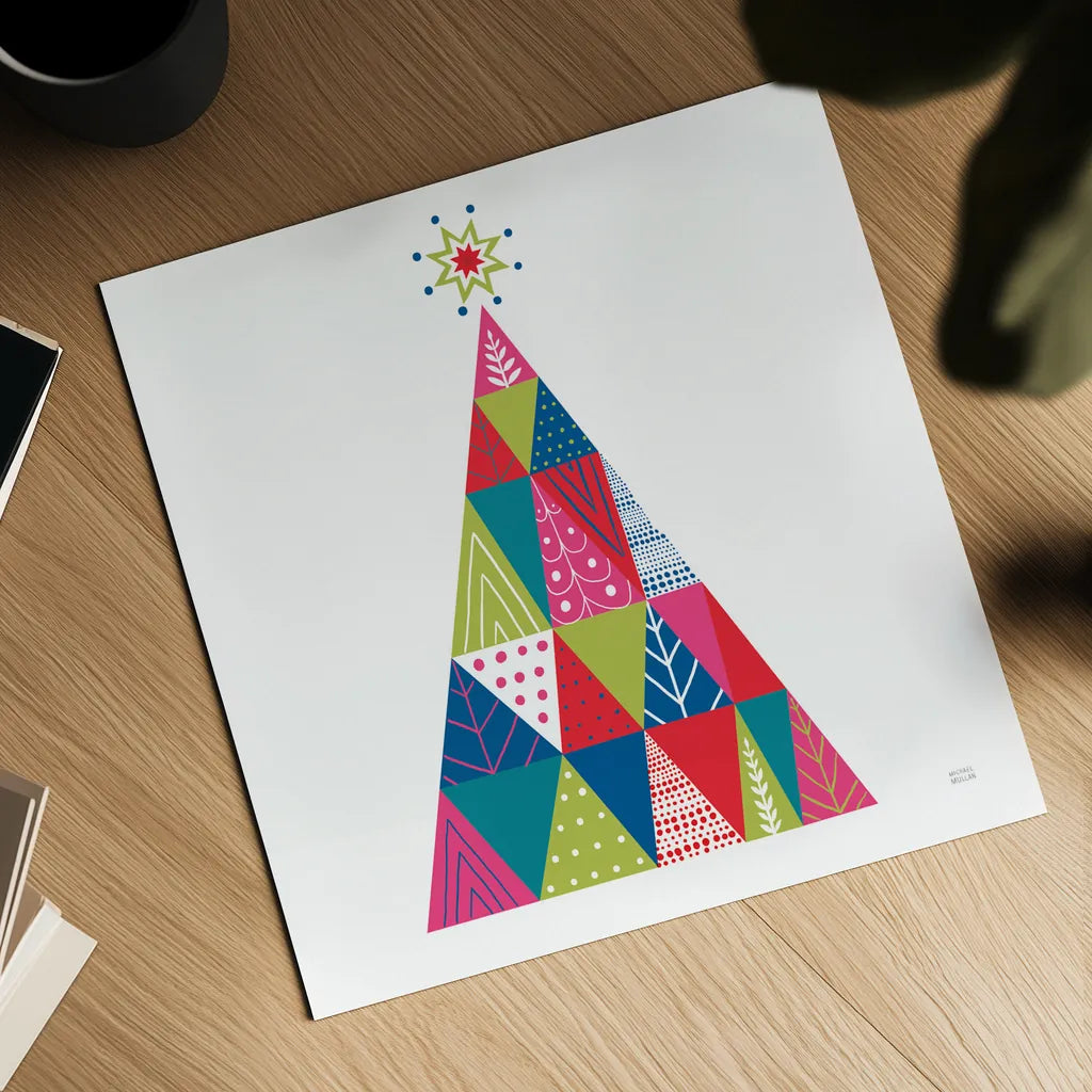 Geometric Holiday Trees I Bright by Michael Mullan. Shown as a detailed flat fine art print, highlighting archival giclee quality. Available as an archival giclee rolled canvas, fine art paper, or poster print. SKU 56252a.