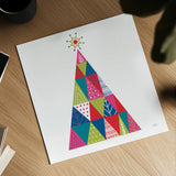 Geometric Holiday Trees I Bright by Michael Mullan. Shown as a detailed flat fine art print, highlighting archival giclee quality. Available as an archival giclee rolled canvas, fine art paper, or poster print. SKU 56252a.