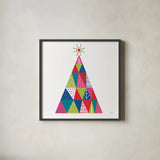 Geometric Holiday Trees I Bright by Michael Mullan. Shown in a sleek black glass frame for a contemporary gallery look. Available as an archival giclee rolled canvas, fine art paper, or poster print. SKU 56252a.