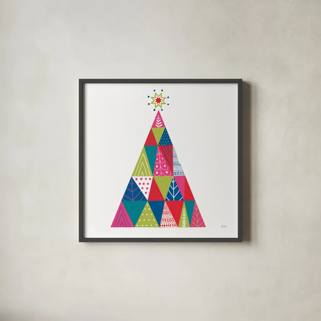 Geometric Holiday Trees I Bright by Michael Mullan. Shown in a sleek black glass frame for a contemporary gallery look. Available as an archival giclee rolled canvas, fine art paper, or poster print. SKU 56252a.
