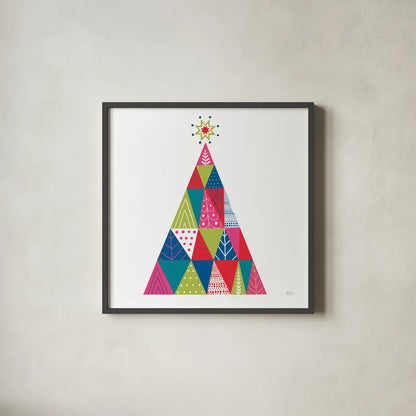 Geometric Holiday Trees I Bright by Michael Mullan. Shown in a sleek black glass frame for a contemporary gallery look. Available as an archival giclee rolled canvas, fine art paper, or poster print. SKU 56252a.
