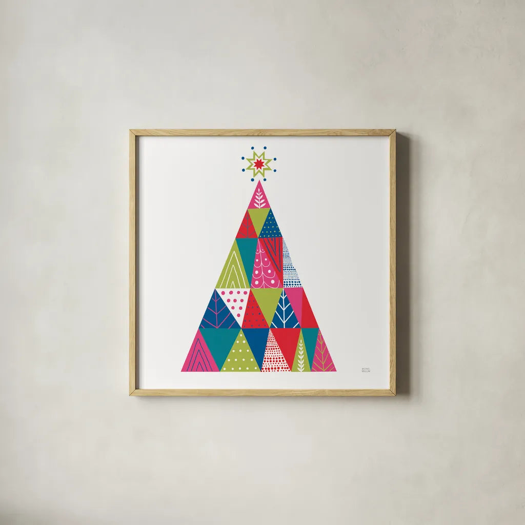 Geometric Holiday Trees I Bright by Michael Mullan. Shown in a natural wood glass frame for a timeless modern aesthetic. Available as an archival giclee rolled canvas, fine art paper, or poster print. SKU 56252a.