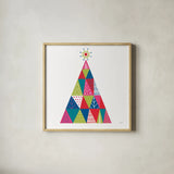 Geometric Holiday Trees I Bright by Michael Mullan. Shown in a natural wood glass frame for a timeless modern aesthetic. Available as an archival giclee rolled canvas, fine art paper, or poster print. SKU 56252a.