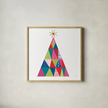 Geometric Holiday Trees I Bright by Michael Mullan. Shown in a natural wood glass frame for a timeless modern aesthetic. Available as an archival giclee rolled canvas, fine art paper, or poster print. SKU 56252a.