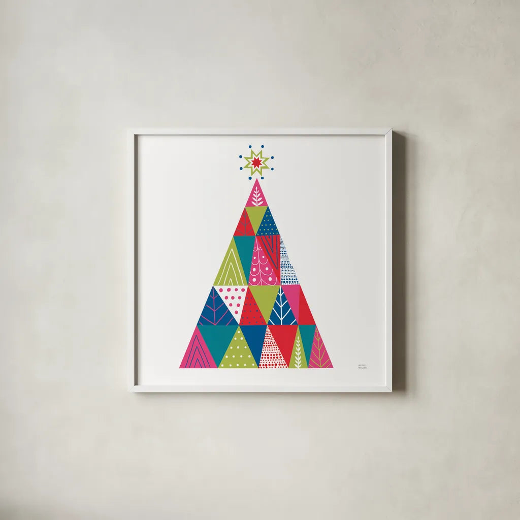 Geometric Holiday Trees I Bright by Michael Mullan. Shown in a crisp white glass frame for a clean and minimalist style. Available as an archival giclee rolled canvas, fine art paper, or poster print. SKU 56252a.