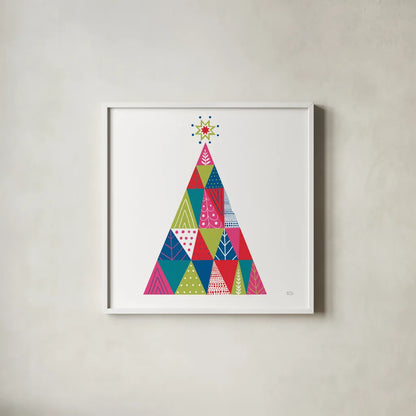 Geometric Holiday Trees I Bright by Michael Mullan. Shown in a crisp white glass frame for a clean and minimalist style. Available as an archival giclee rolled canvas, fine art paper, or poster print. SKU 56252a.