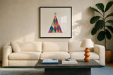 Geometric Holiday Trees I Bright by Michael Mullan. Displayed in a glass frame with matte in a clean modern living room. Available as an archival giclee rolled canvas, fine art paper, or poster print. SKU 56252a.